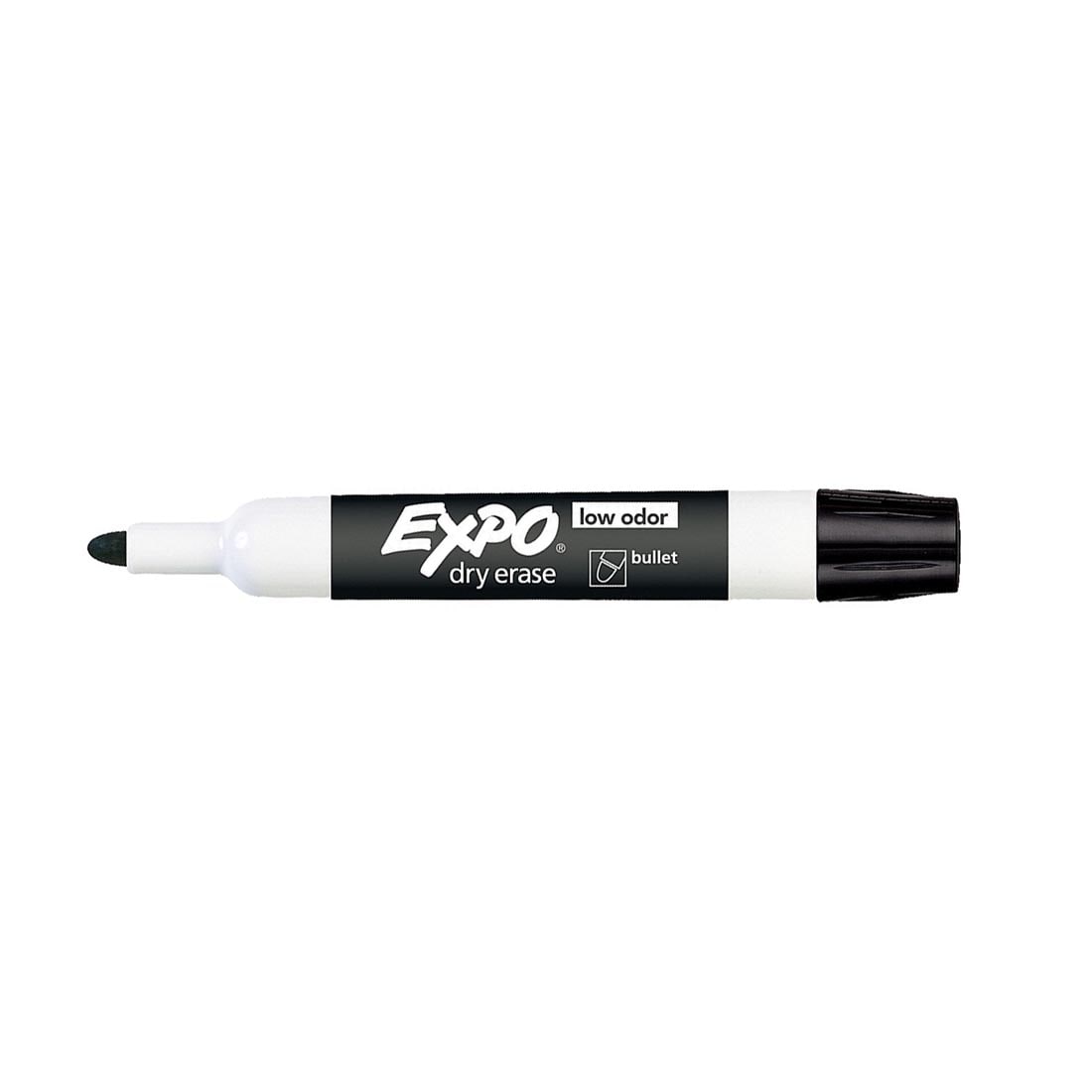 Black Expo Low Odor Bullet Tip Dry Erase Marker with its cap on the opposite end