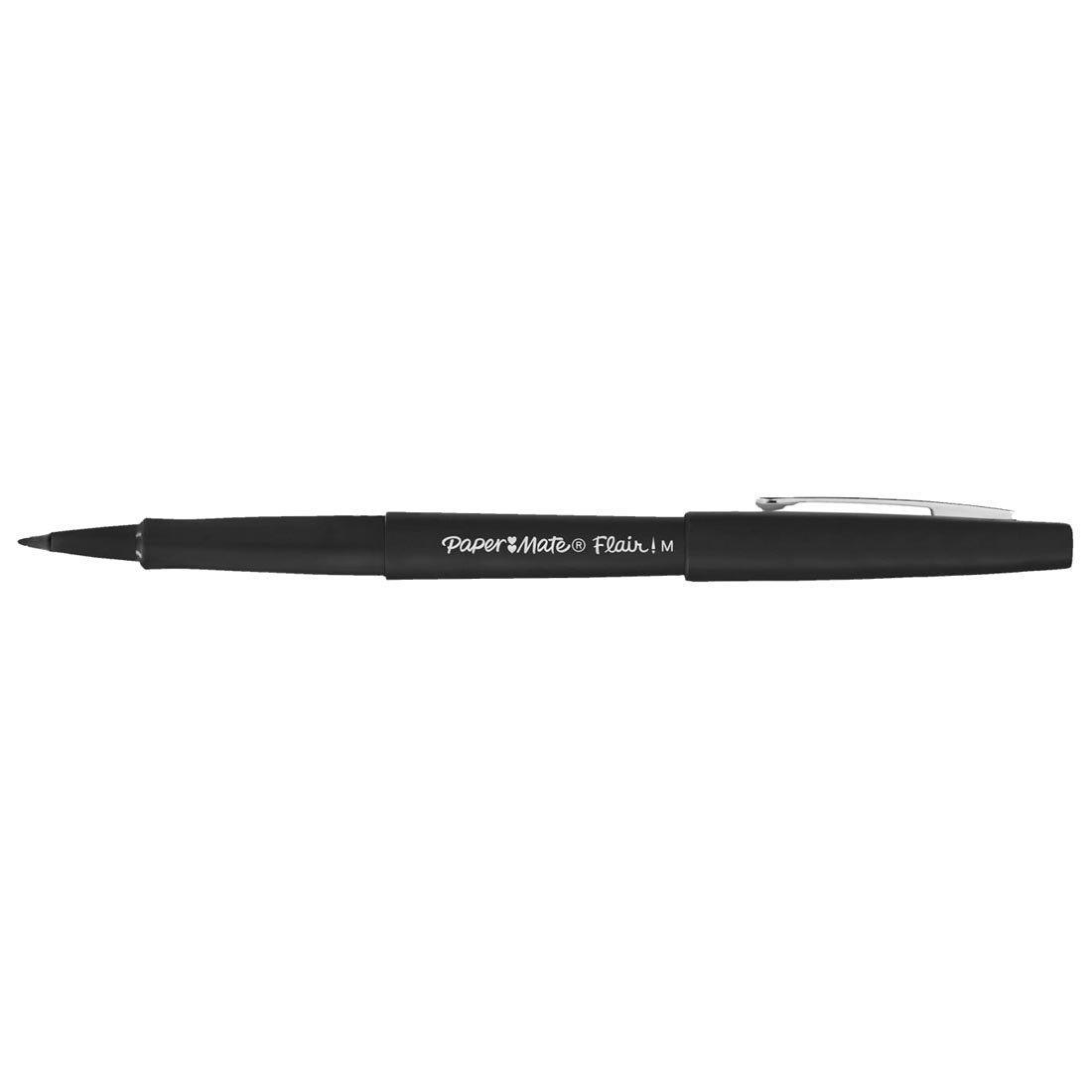 Black Paper Mate Flair Pen with its cap on the opposite end