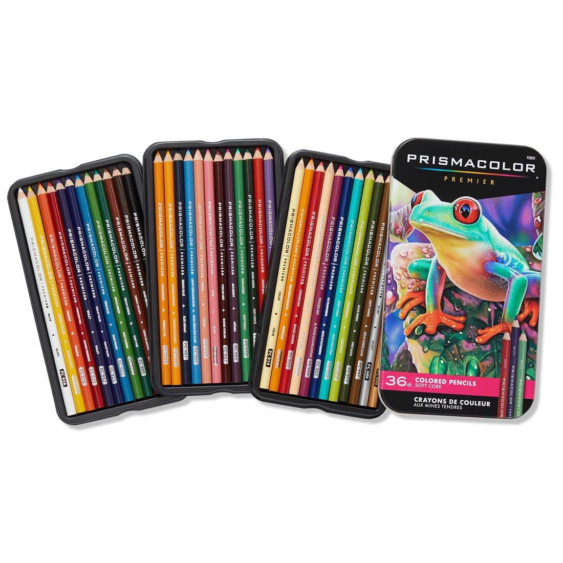 Prismacolor Premier Colored Pencils 36-color set, shown with lid off and pencils in trays