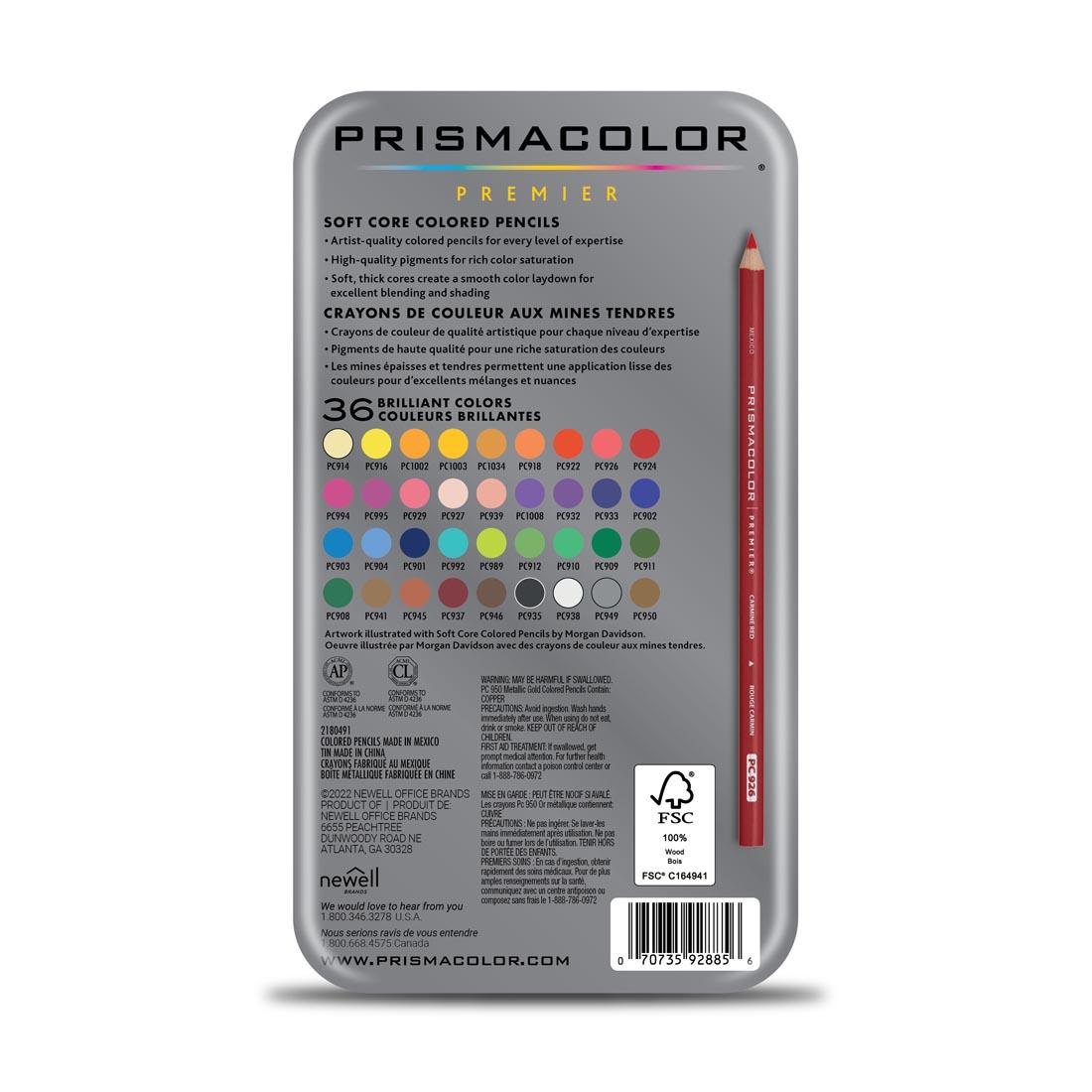 Back of Package of Prismacolor Premier Colored Pencils 36-color set