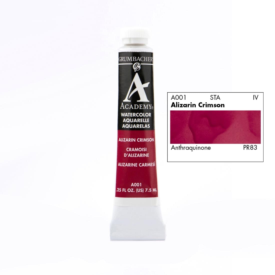 Tube of Grumbacher Academy Watercolor beside Alizarin Crimson color swatch