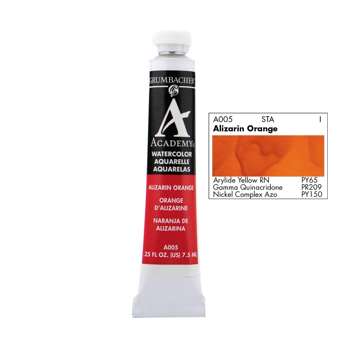 Tube of Grumbacher Academy Watercolor beside Alizarin Orange color swatch