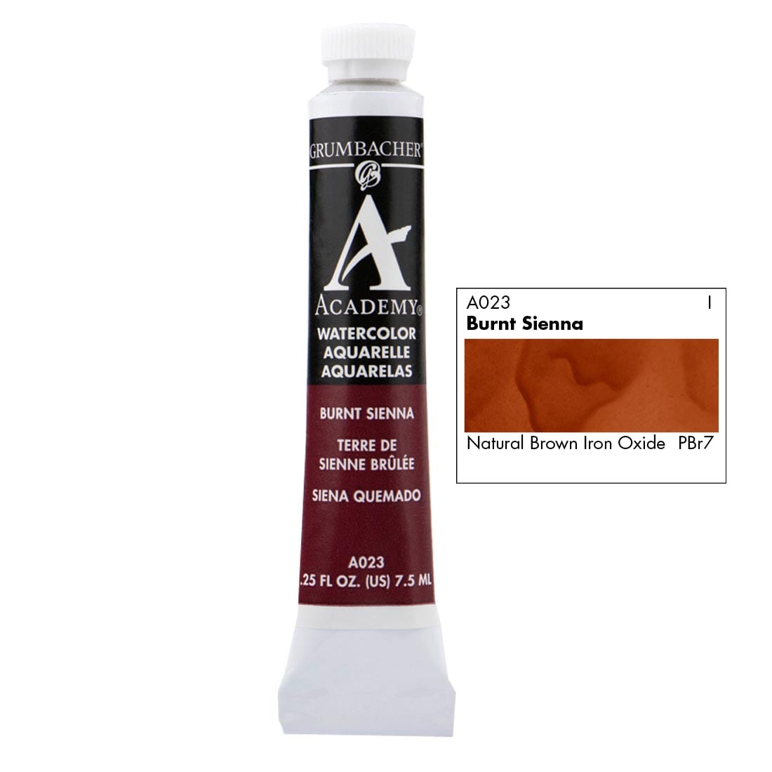 Tube of Grumbacher Academy Watercolor beside Burnt Sienna color swatch