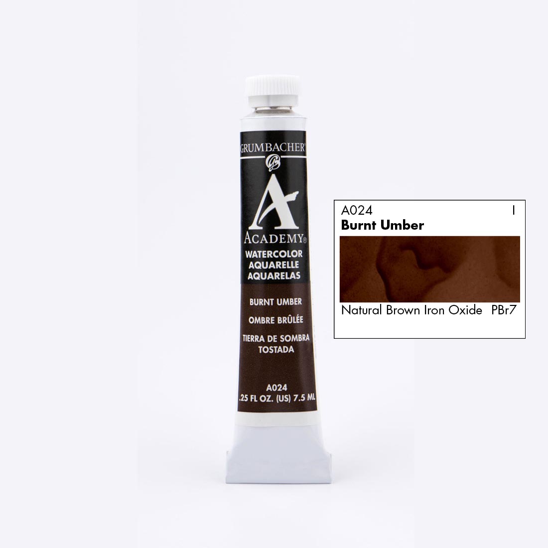 Tube of Grumbacher Academy Watercolor beside Burnt Umber color swatch