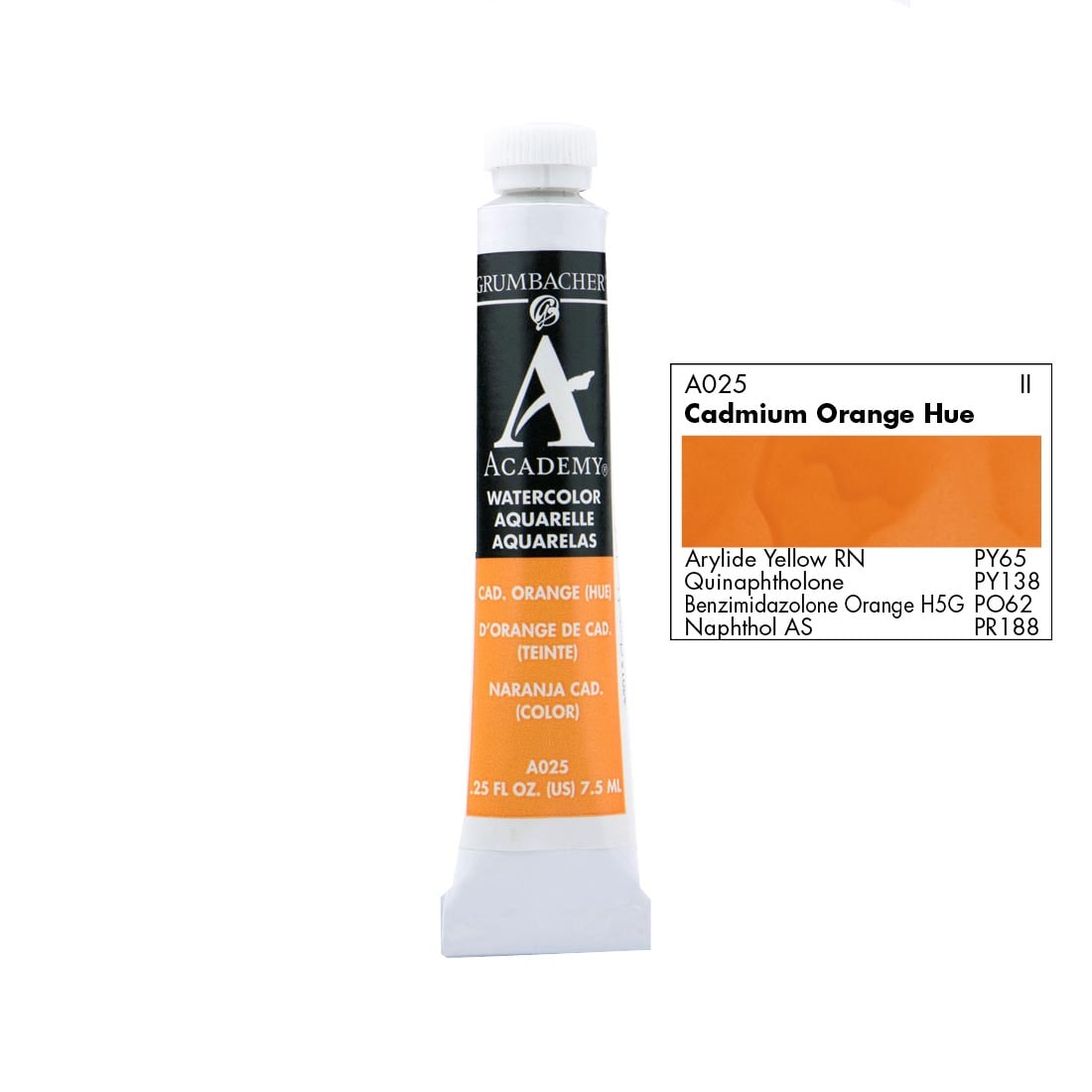 Tube of Grumbacher Academy Watercolor beside Cadmium Orange Hue color swatch