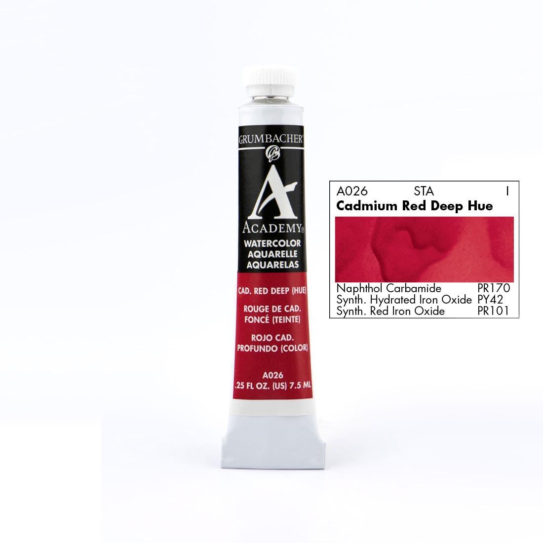 Tube of Grumbacher Academy Watercolor beside Cadmium Red Deep Hue color swatch