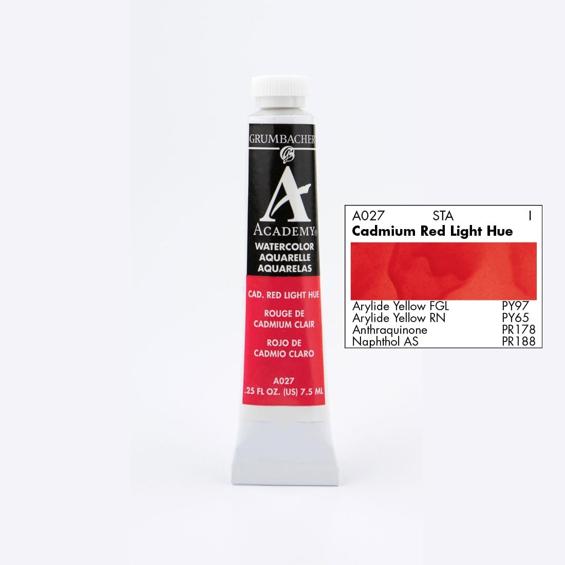 Tube of Grumbacher Academy Watercolor beside Cadmium Red Light Hue color swatch