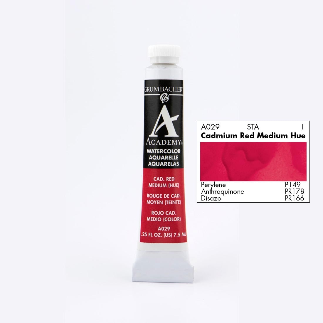 Tube of Grumbacher Academy Watercolor beside Cadmium Red Medium Hue color swatch