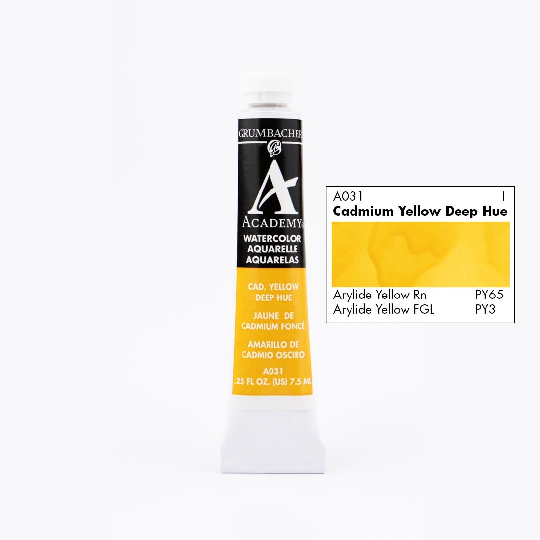 Tube of Grumbacher Academy Watercolor beside Cadmium Yellow Deep Hue color swatch