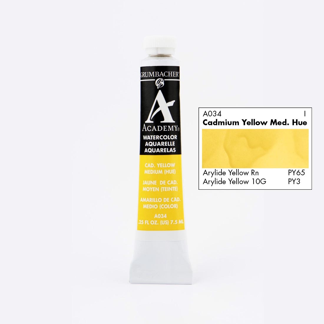 Tube of Grumbacher Academy Watercolor beside Cadmium Yellow Medium Hue color swatch