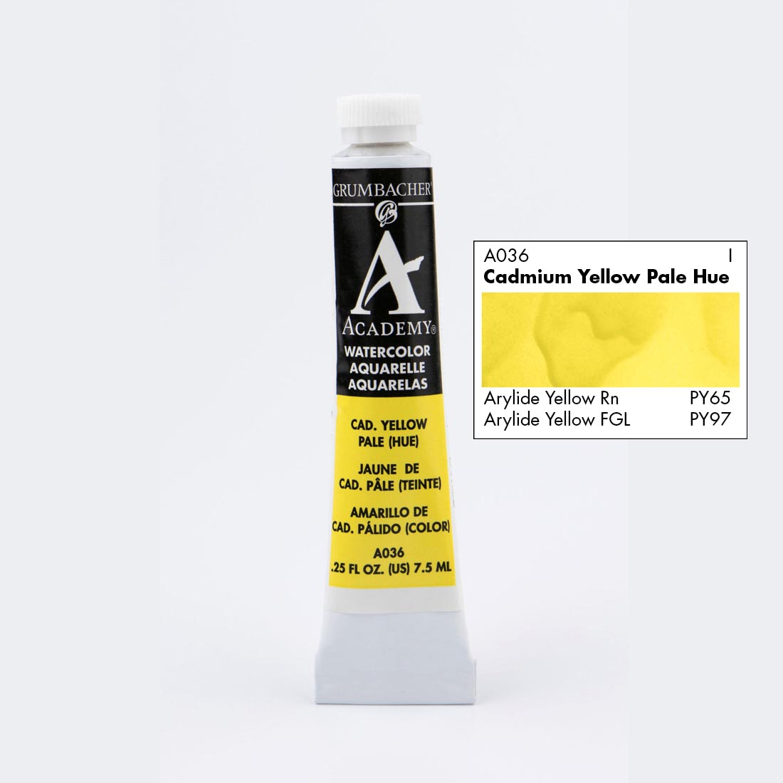 Tube of Grumbacher Academy Watercolor beside Cadmium Yellow Pale Hue color swatch