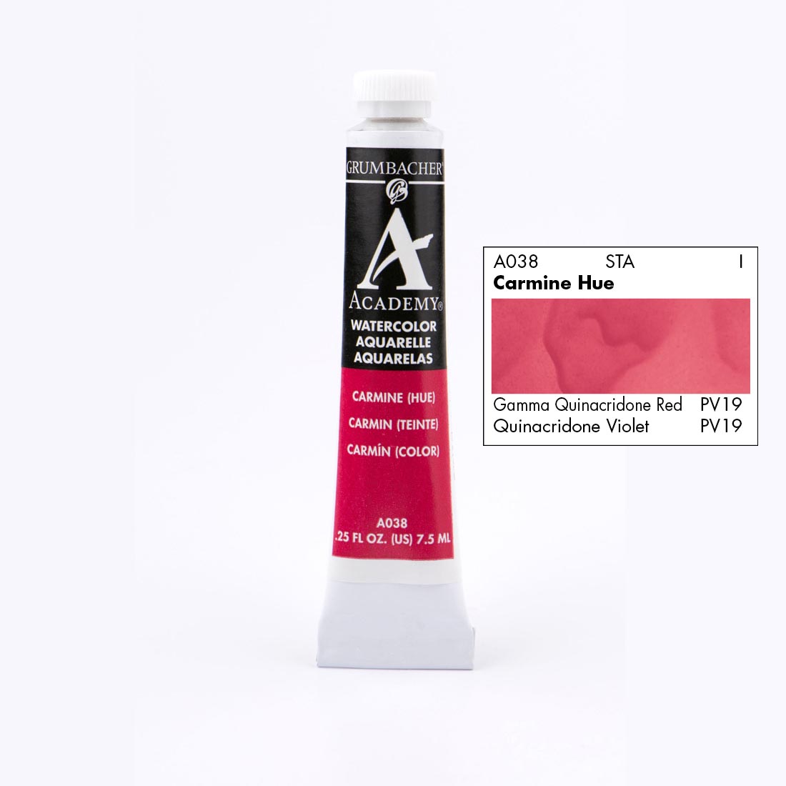 Tube of Grumbacher Academy Watercolor beside Carmine Hue color swatch