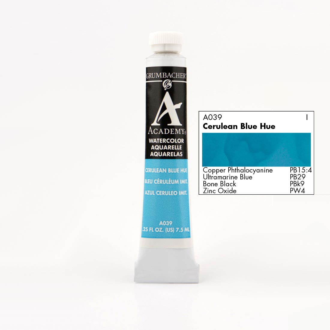 Tube of Grumbacher Academy Watercolor beside Cerulean Blue Hue color swatch