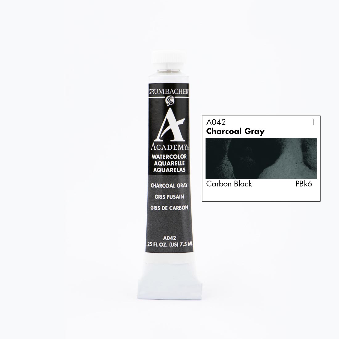 Tube of Grumbacher Academy Watercolor beside Charcoal Gray color swatch