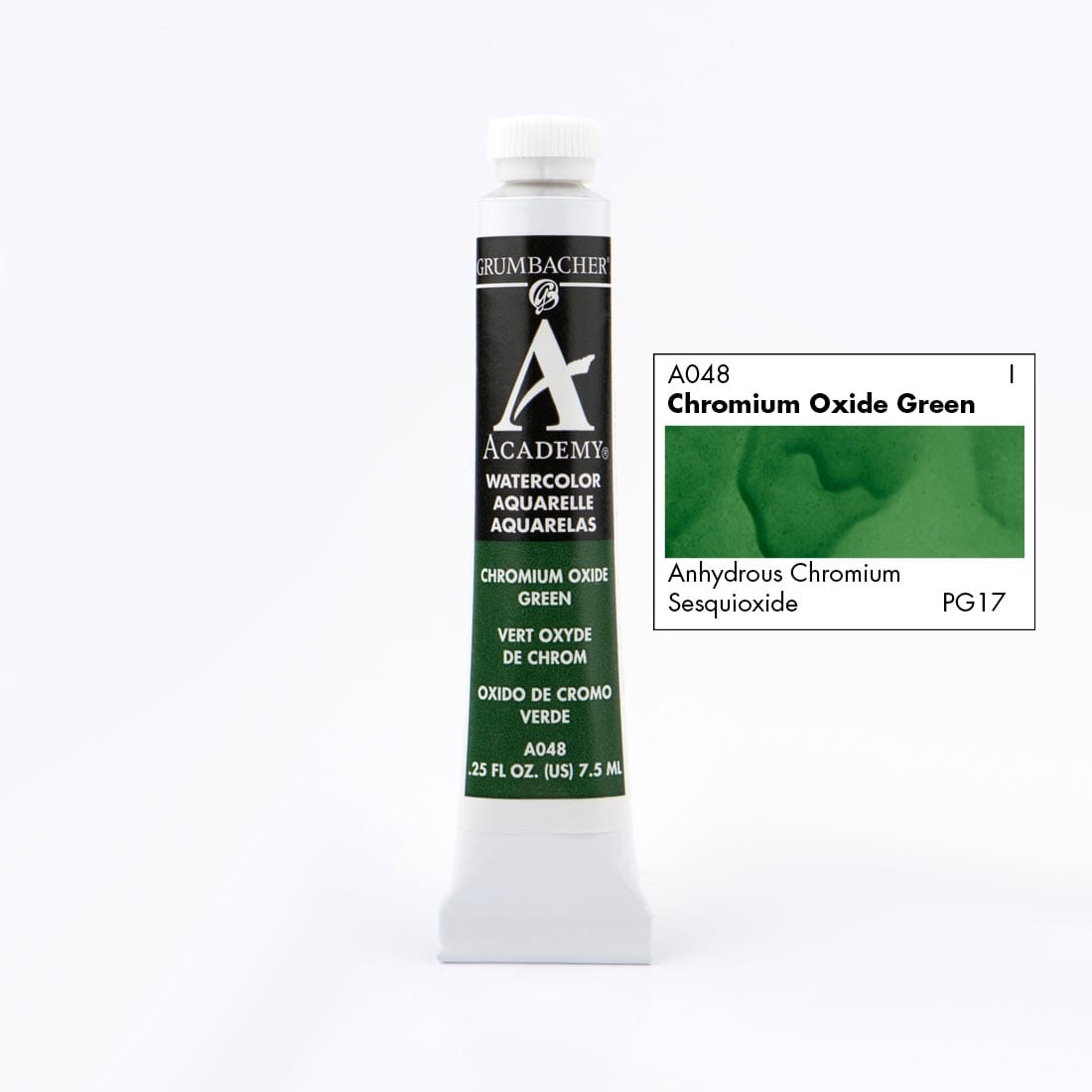 Tube of Grumbacher Academy Watercolor beside Chromium Oxide Green color swatch