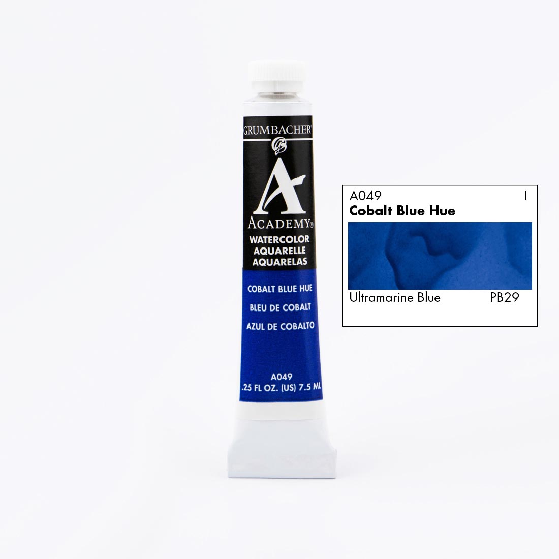 Tube of Grumbacher Academy Watercolor beside Cobalt Blue Hue color swatch