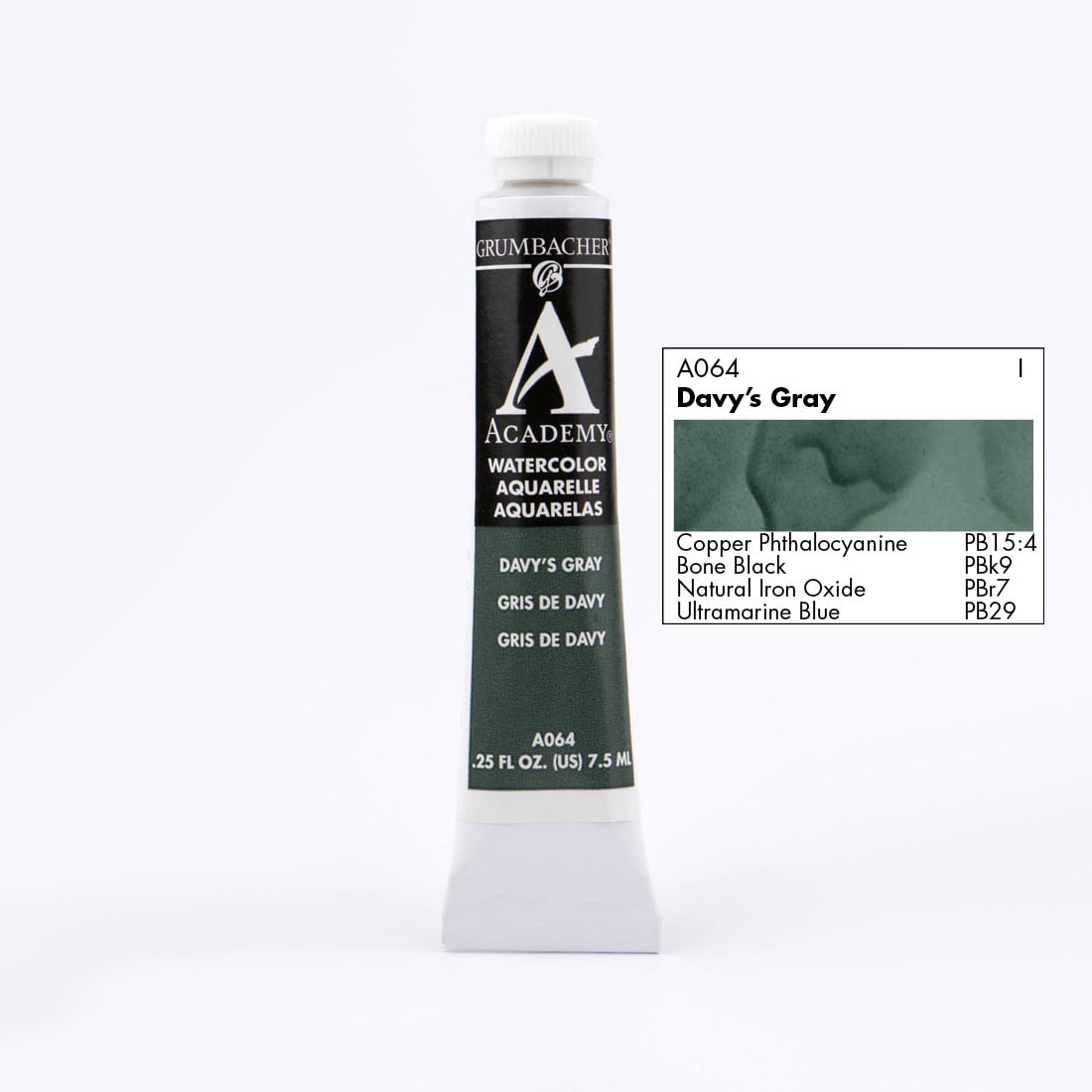 Tube of Grumbacher Academy Watercolor beside Davy's Gray color swatch