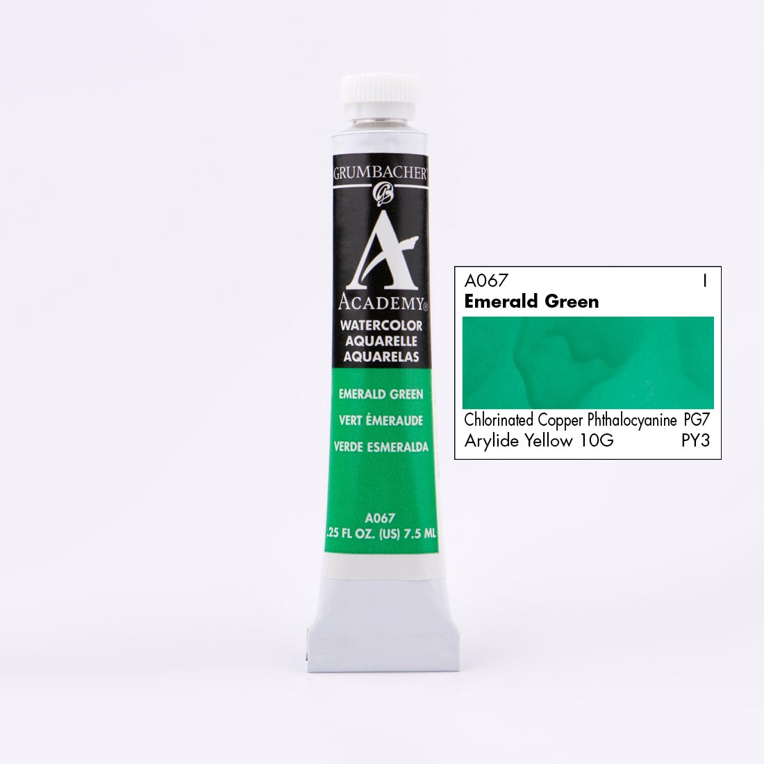 Tube of Grumbacher Academy Watercolor beside Emerald Green color swatch