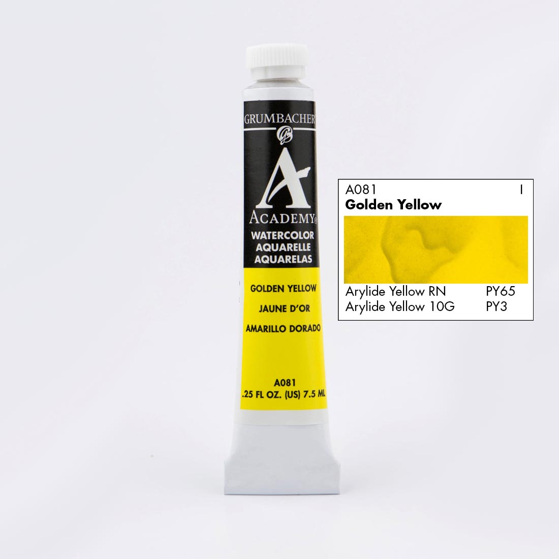 Tube of Grumbacher Academy Watercolor beside Golden Yellow color swatch