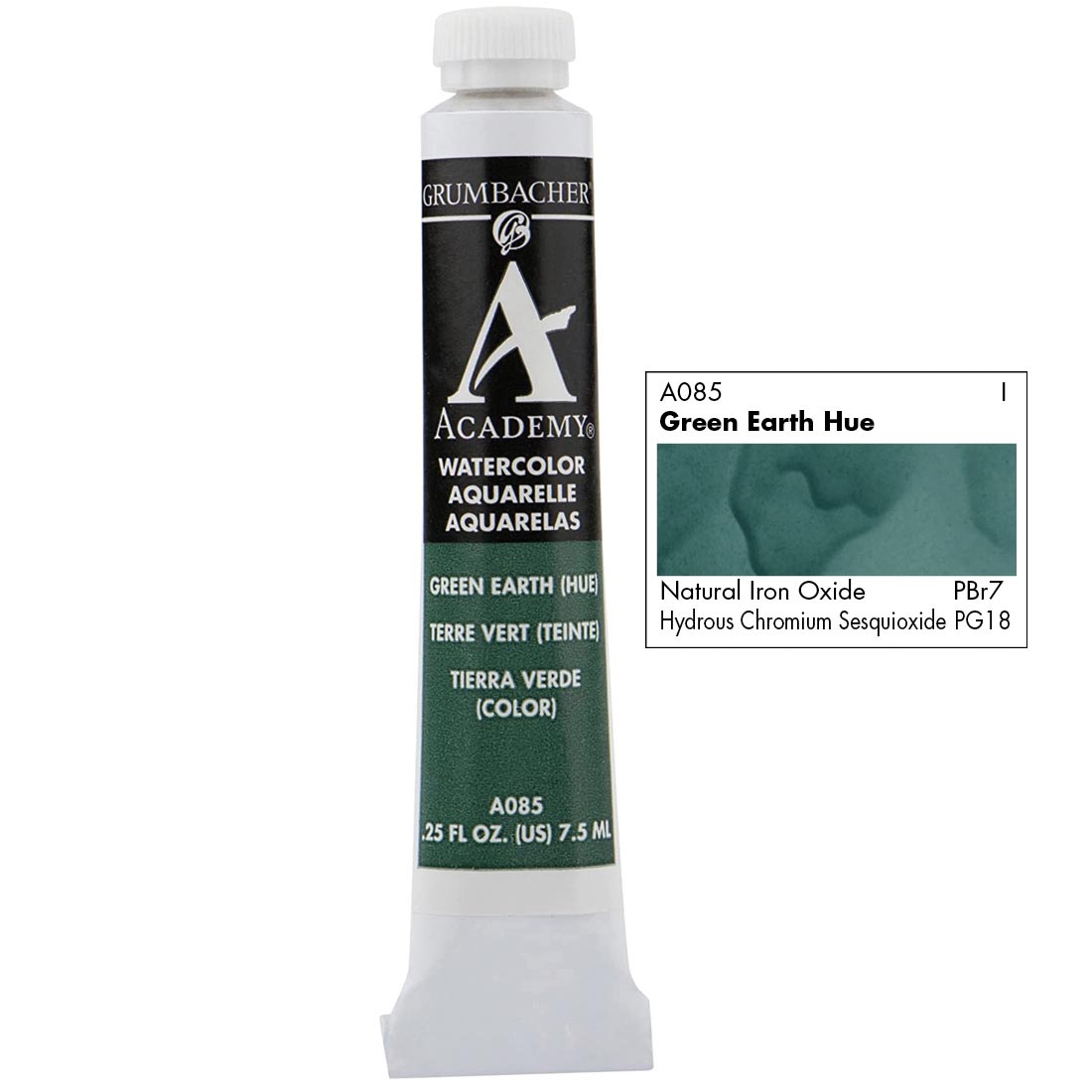 Tube of Grumbacher Academy Watercolor beside Green Earth Hue color swatch
