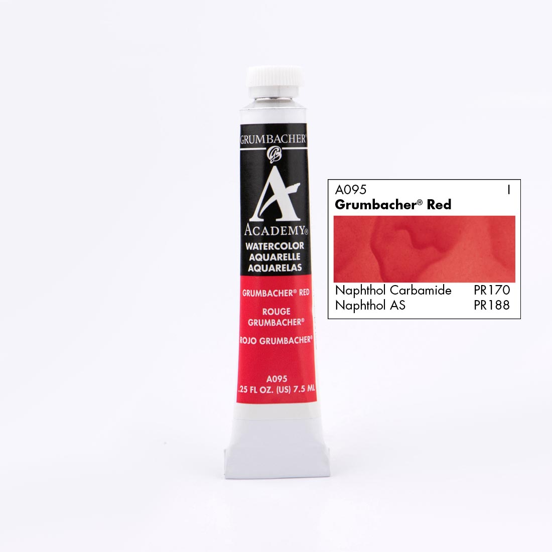 Tube of Grumbacher Academy Watercolor beside Grumbacher Red color swatch