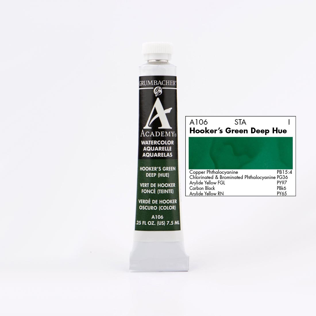 Tube of Grumbacher Academy Watercolor beside Hooker's Green Deep Hue color swatch