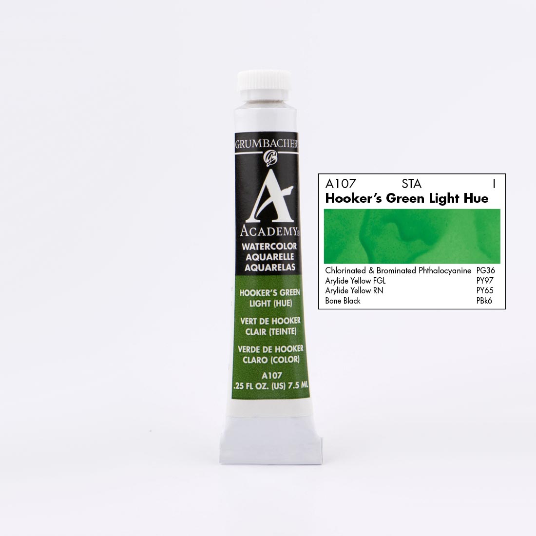 Tube of Grumbacher Academy Watercolor beside Hooker's Green Light Hue color swatch