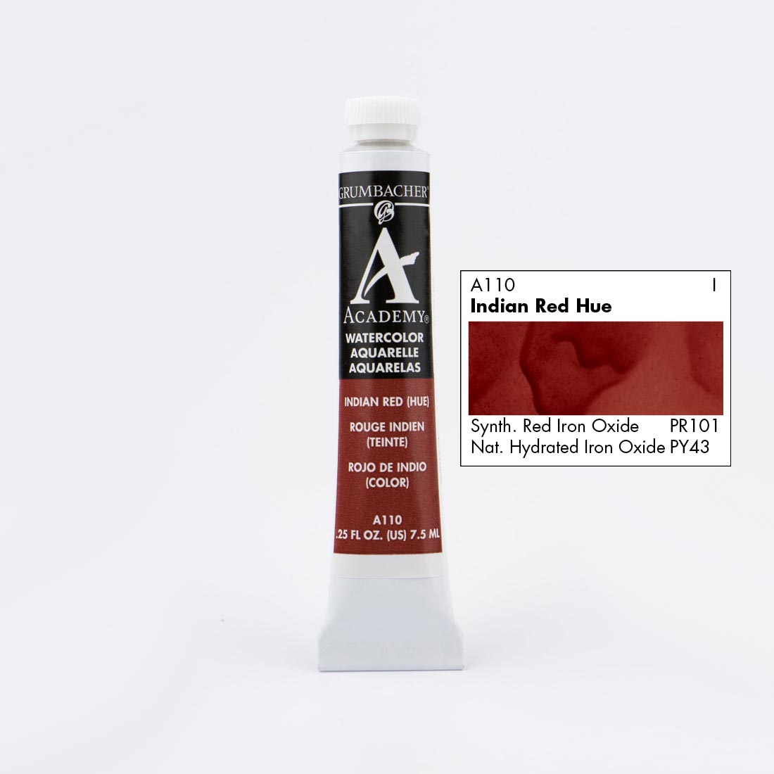 Tube of Grumbacher Academy Watercolor beside Indian Red Hue color swatch
