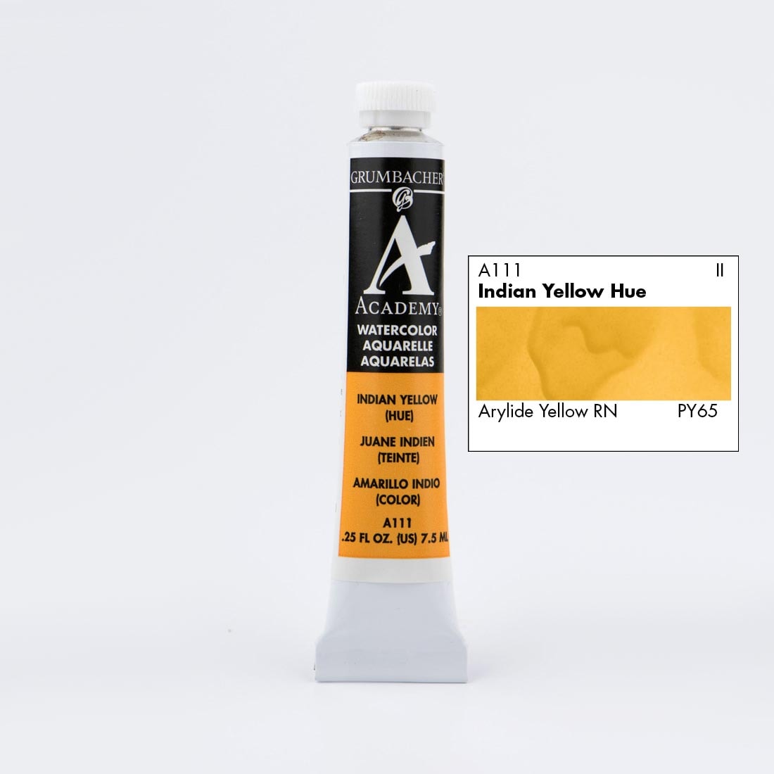 Tube of Grumbacher Academy Watercolor beside Indian Yellow Hue color swatch