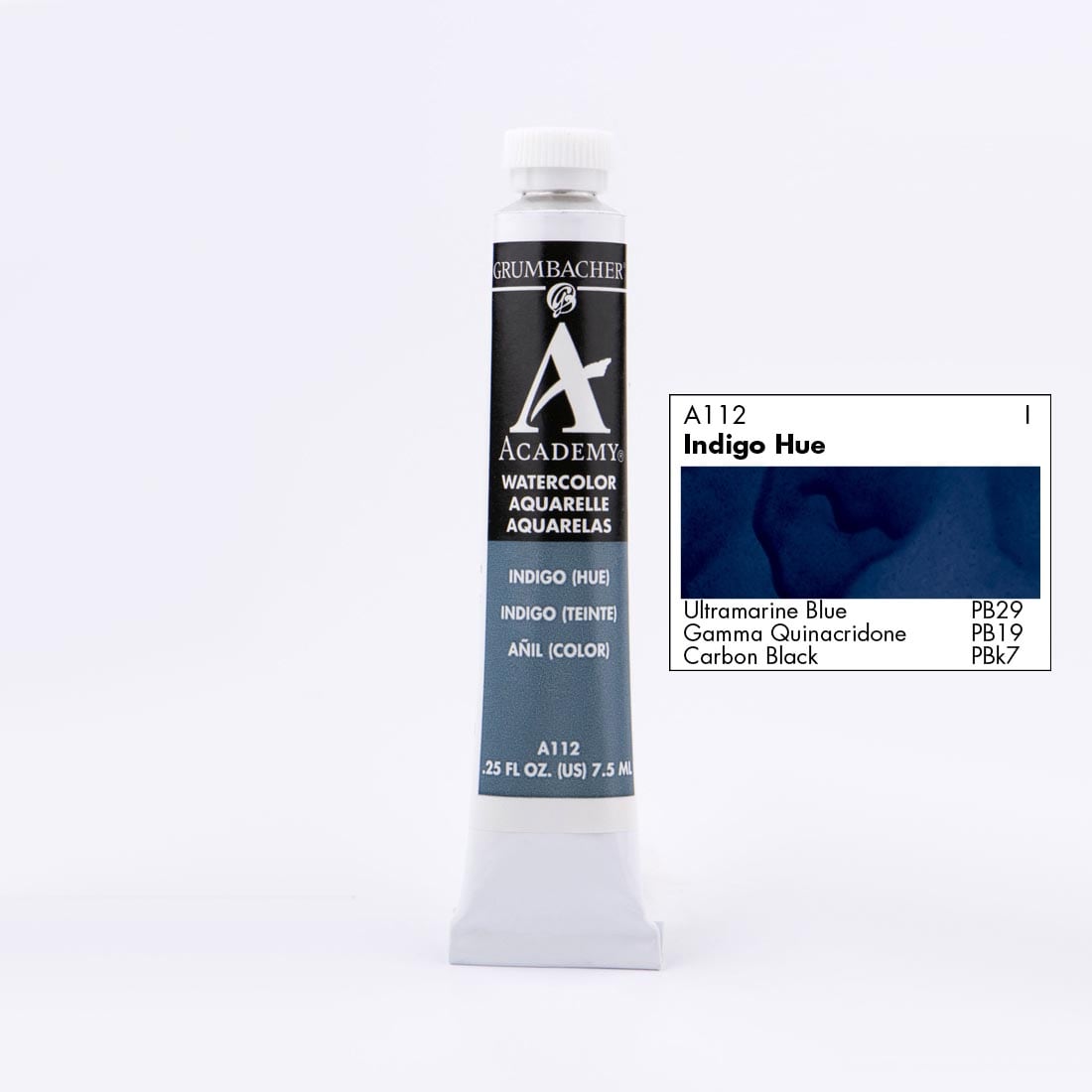 Tube of Grumbacher Academy Watercolor beside Indigo Hue color swatch