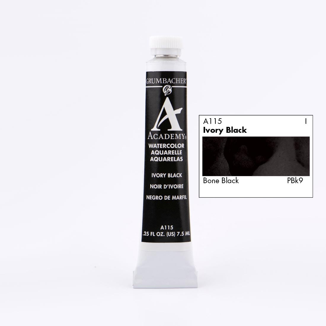 Tube of Grumbacher Academy Watercolor beside Ivory Black color swatch