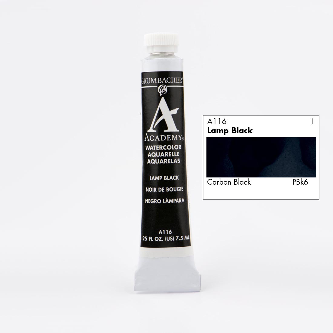 Tube of Grumbacher Academy Watercolor beside Lamp Black color swatch