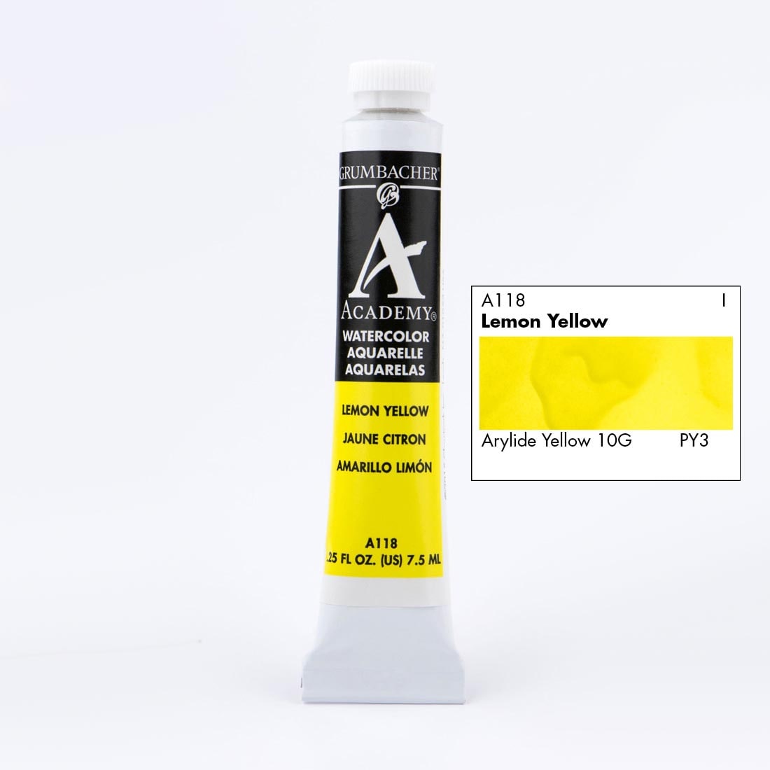 Tube of Grumbacher Academy Watercolor beside Lemon Yellow color swatch