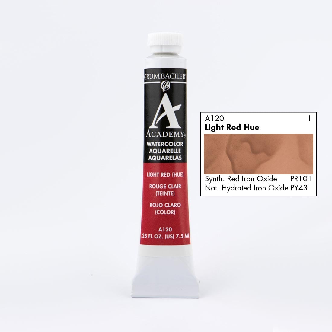 Tube of Grumbacher Academy Watercolor beside Light Red Hue color swatch