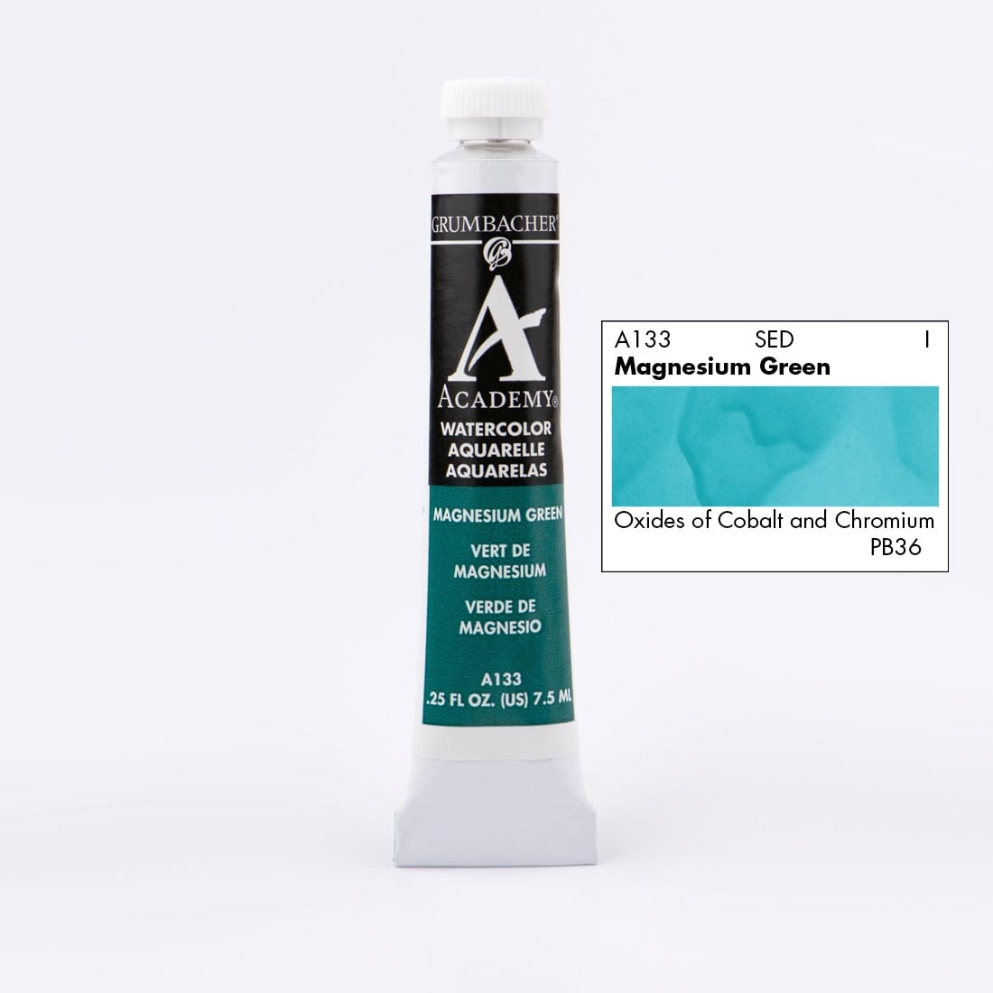 Tube of Grumbacher Academy Watercolor beside Magnesium Green color swatch