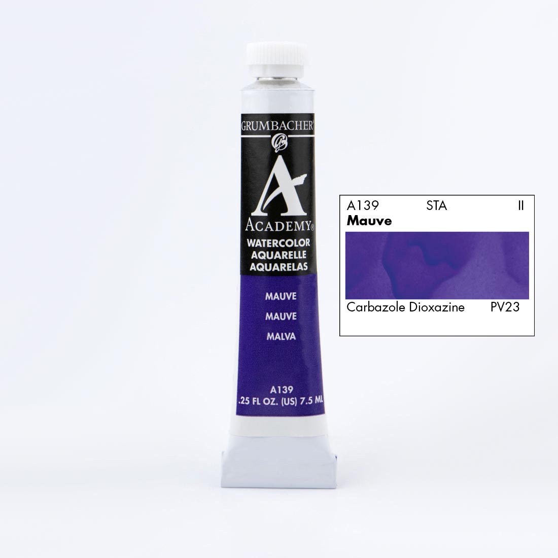 Tube of Grumbacher Academy Watercolor beside Mauve color swatch
