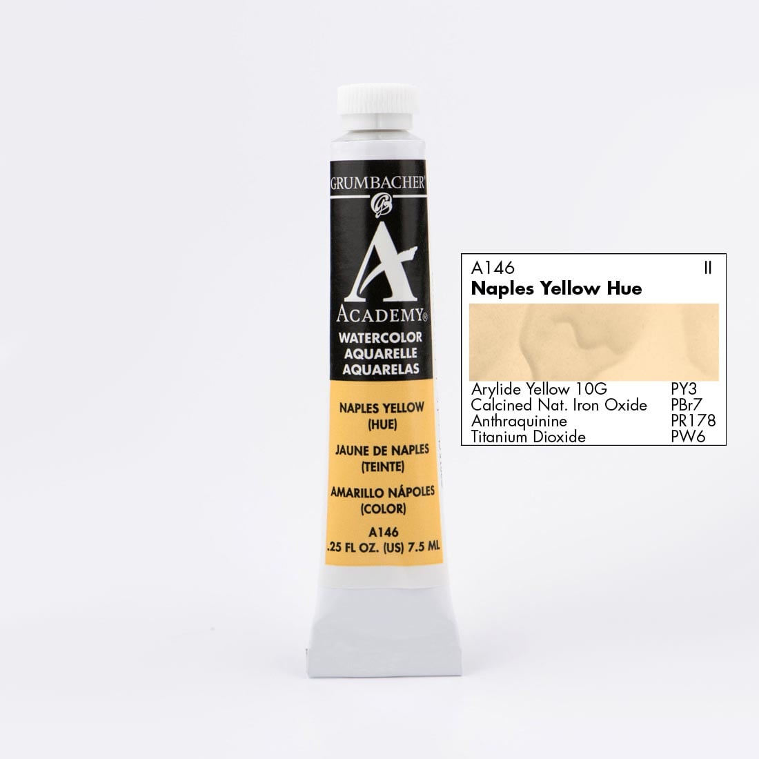 Tube of Grumbacher Academy Watercolor beside Naples Yellow Hue color swatch