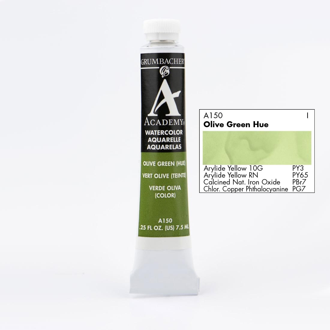 Tube of Grumbacher Academy Watercolor beside Olive Green Hue color swatch