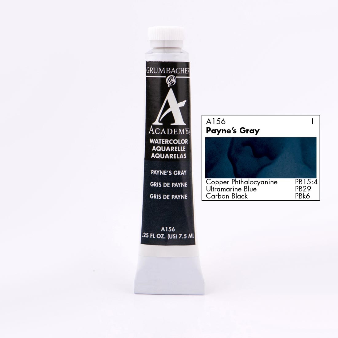 Tube of Grumbacher Academy Watercolor beside Payne's Gray color swatch