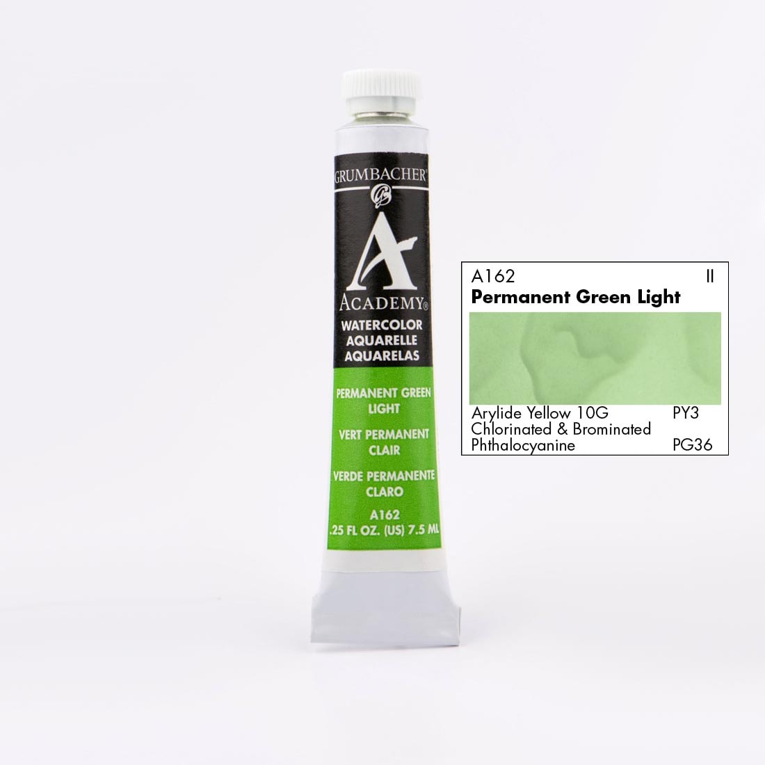 Tube of Grumbacher Academy Watercolor beside Permanent Green Light color swatch