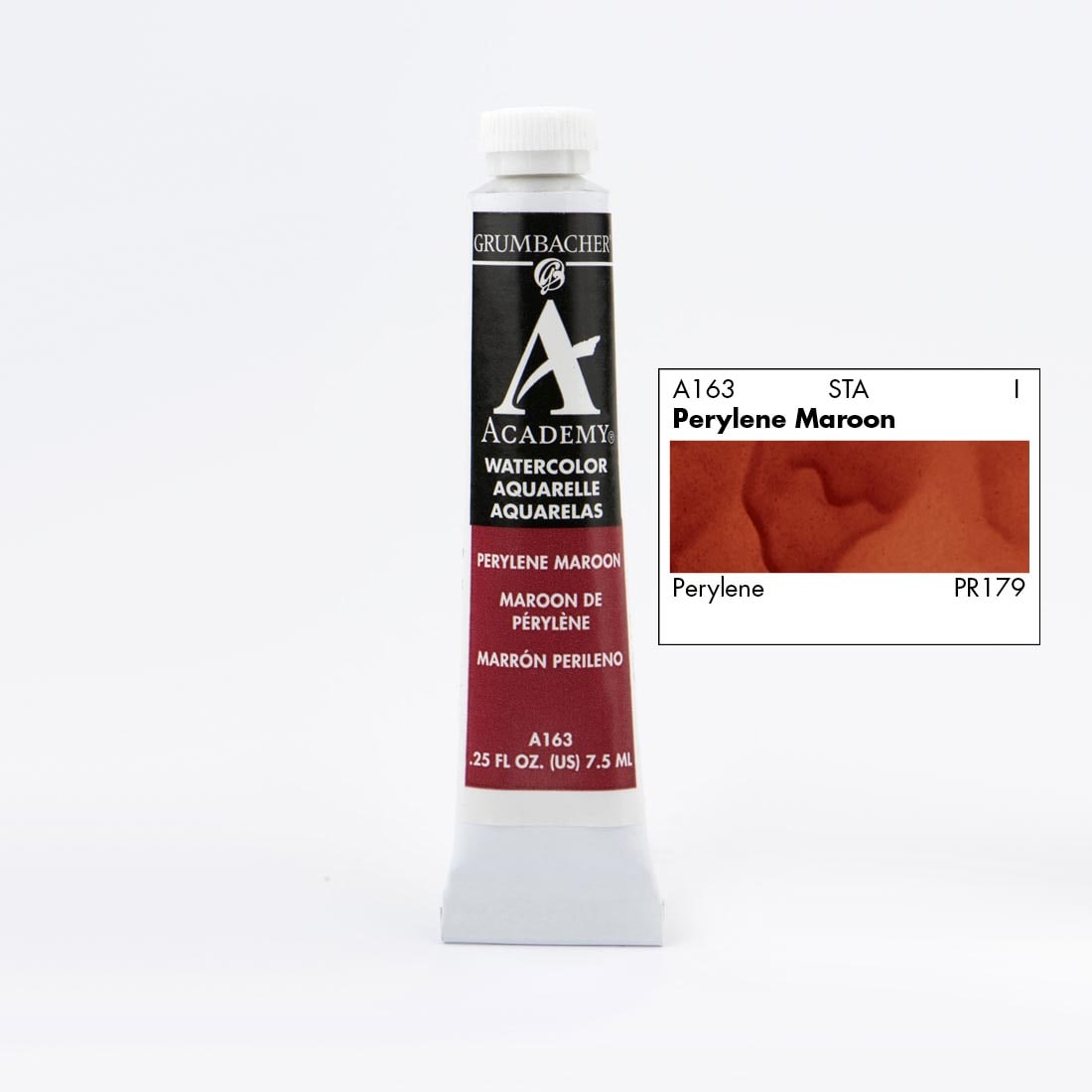 Tube of Grumbacher Academy Watercolor beside Perylene Maroon color swatch