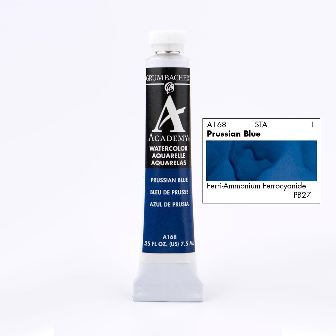 Tube of Grumbacher Academy Watercolor beside Prussian Blue color swatch