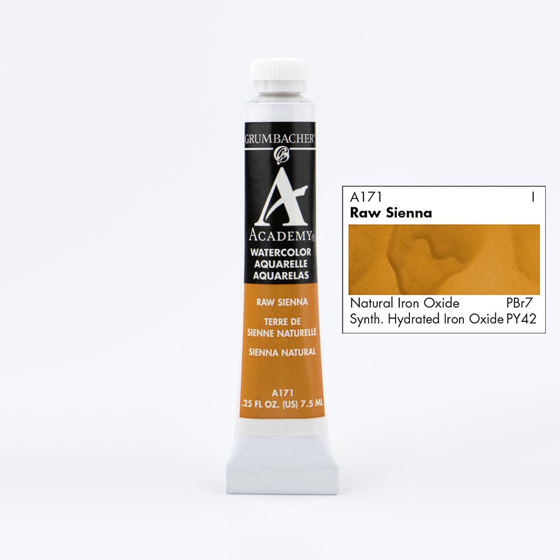 Tube of Grumbacher Academy Watercolor beside Raw Sienna color swatch