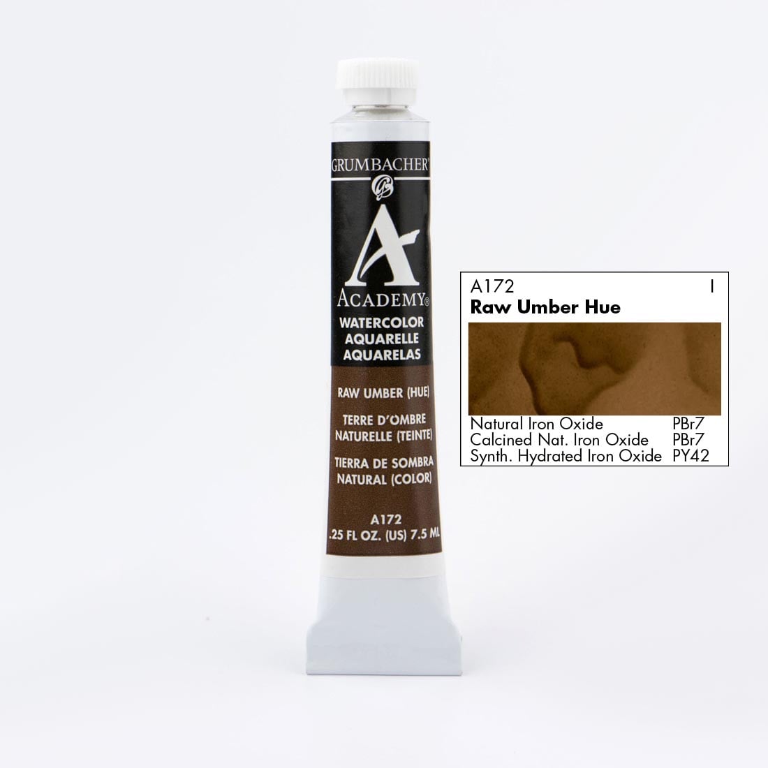 Tube of Grumbacher Academy Watercolor beside Raw Umber Hue color swatch