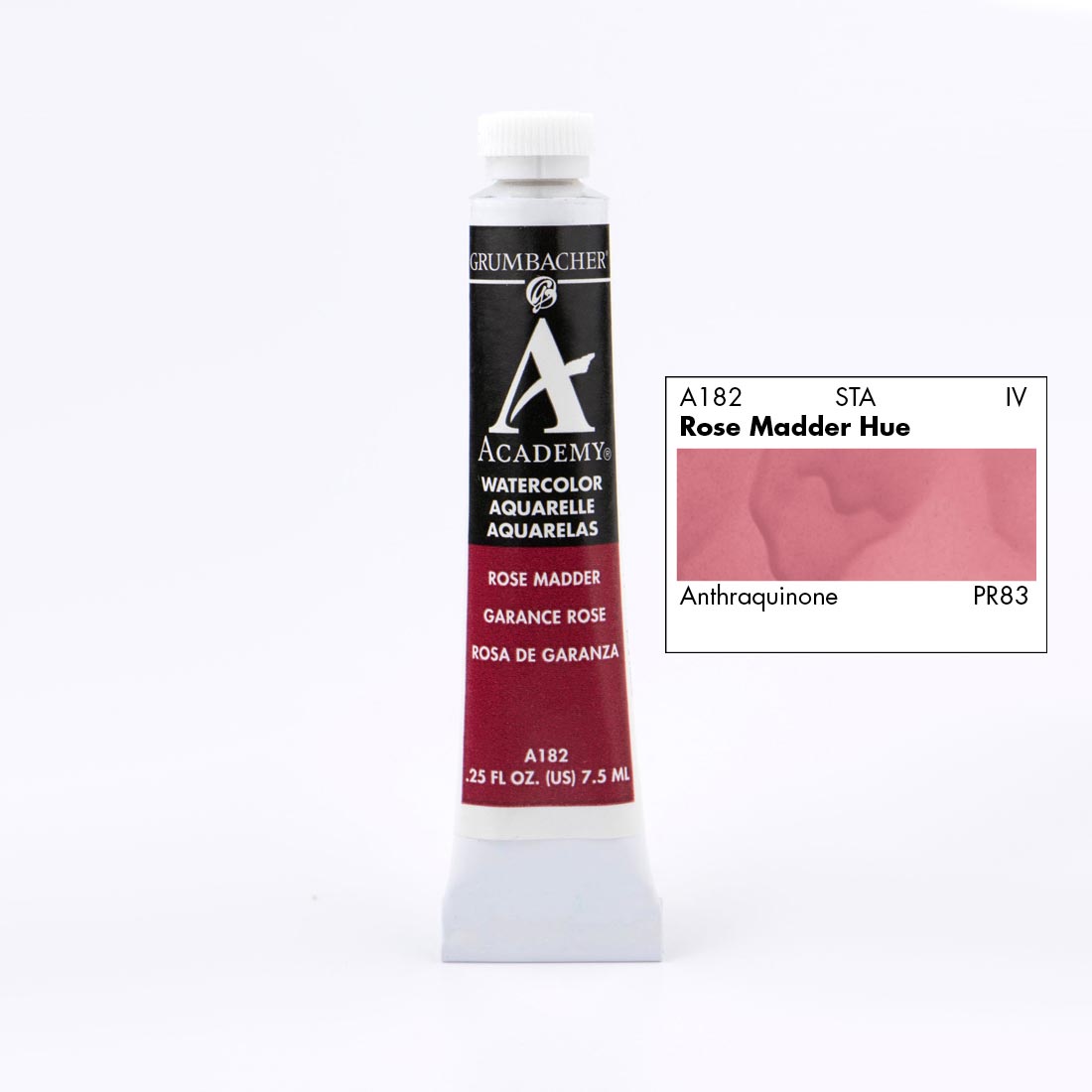 Tube of Grumbacher Academy Watercolor beside Rose Madder Hue color swatch