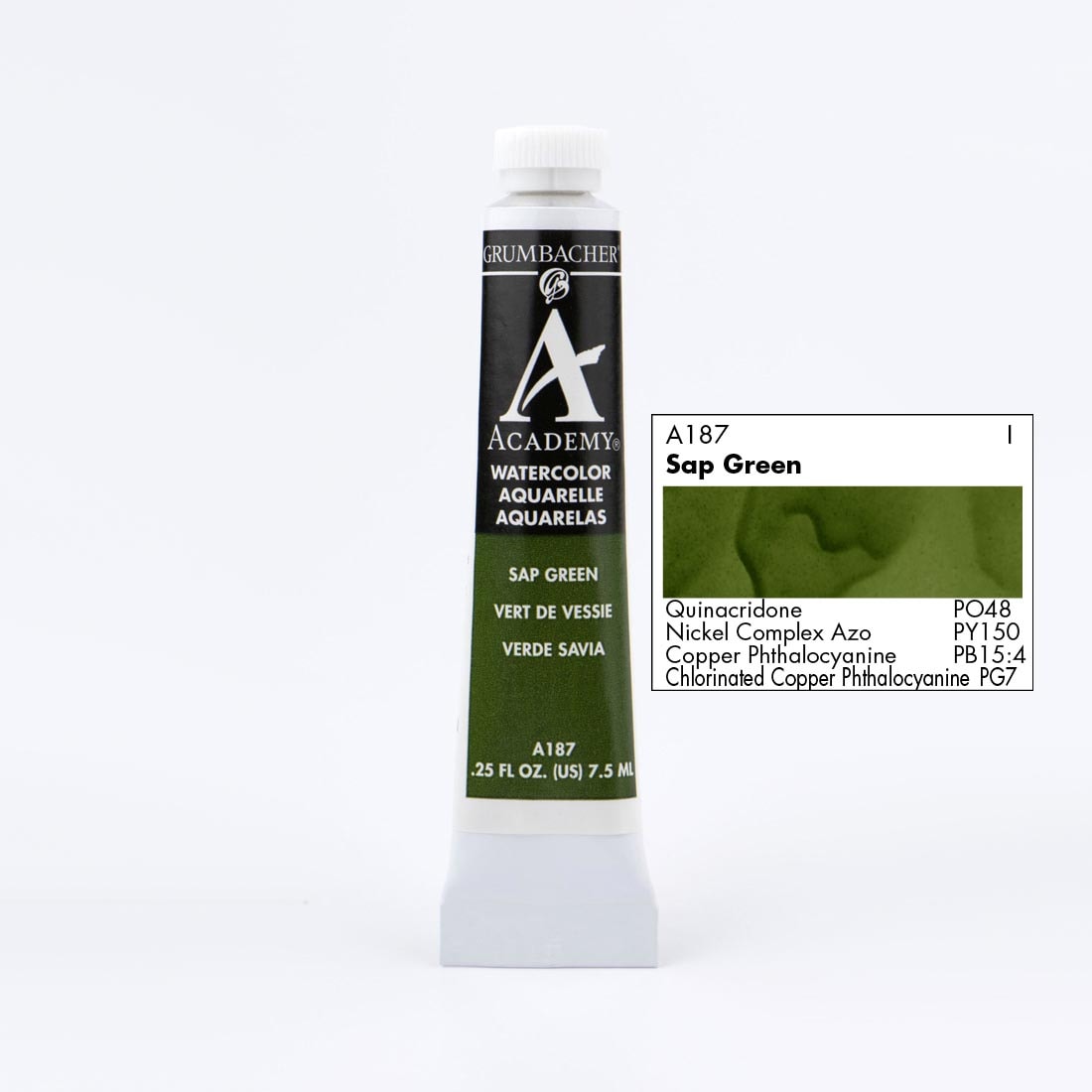 Tube of Grumbacher Academy Watercolor beside Sap Green color swatch