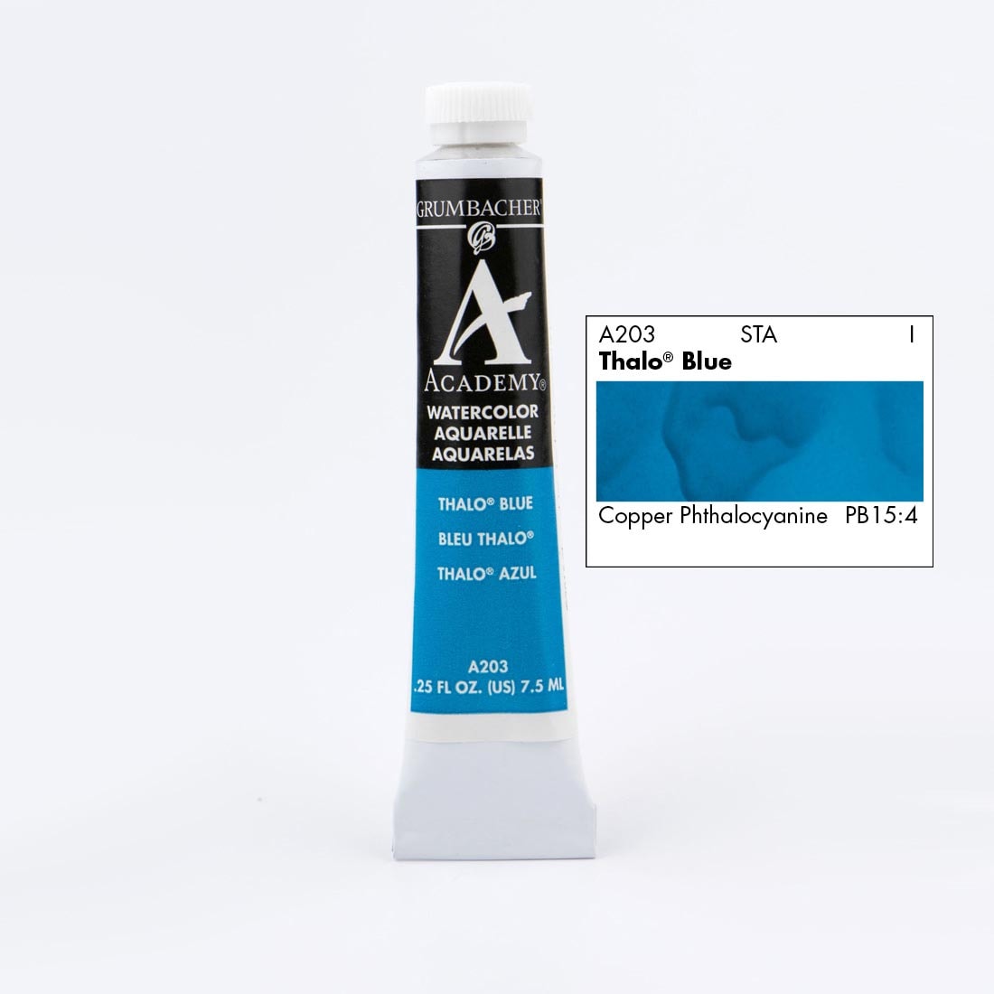 Tube of Grumbacher Academy Watercolor beside Thalo Blue color swatch