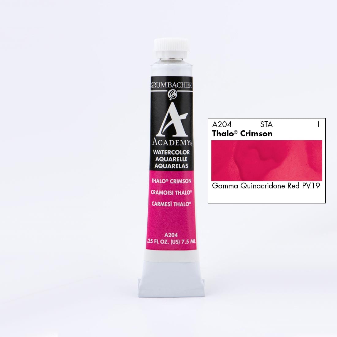 Tube of Grumbacher Academy Watercolor beside Thalo Crimson color swatch