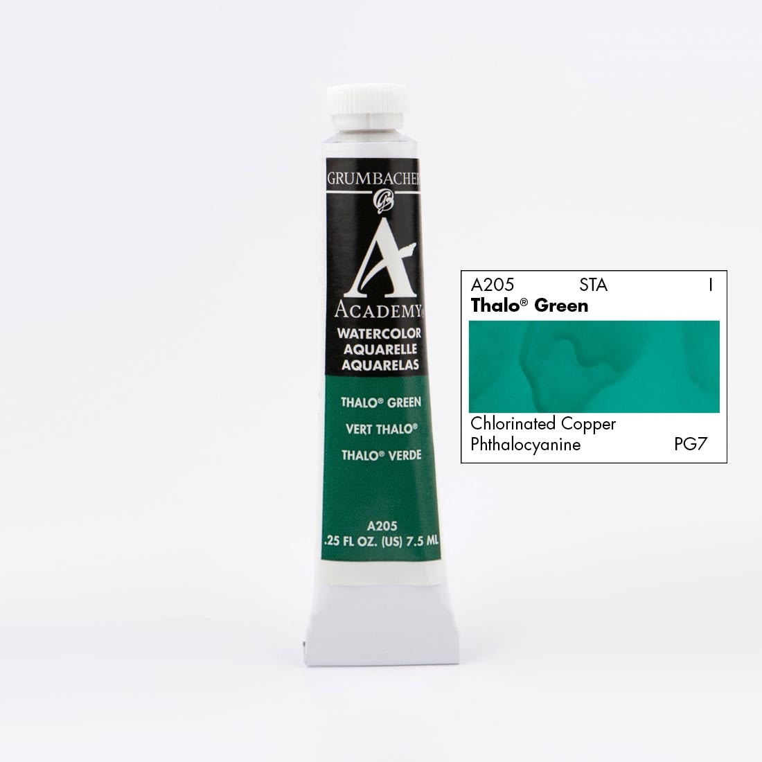 Tube of Grumbacher Academy Watercolor beside Thalo Green color swatch