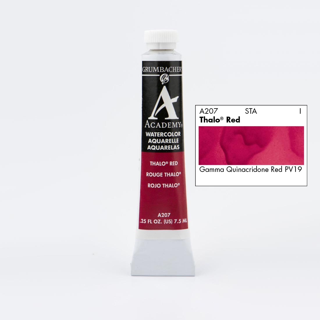 Tube of Grumbacher Academy Watercolor beside Thalo Red color swatch